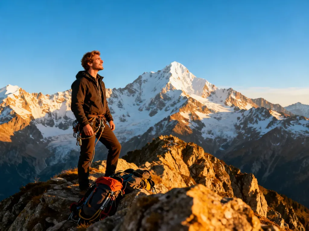 Stylowy mężczyzna na szczycie góry o zachodzie słońca, symbolizujący osiągnięcie celu i szczyt możliwości.