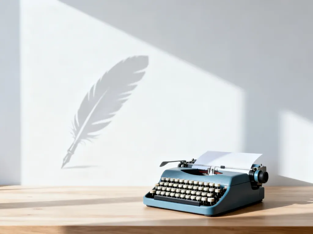 Zabytkowa maszyna do pisania na minimalistycznym biurku, symbolizująca zwięzłość i prostotę formy literackiej.