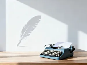 Znużony mężczyzna siedzący przy biurku w przygnębiającej scenerii, obrazujący stan defetyzmu i rezygnacji.