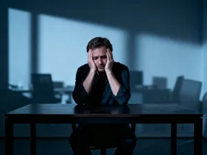 Aktor w teatralnym stroju i dramatycznej pozie na tle czerwonych kurtyn, ilustrujący znaczenie słowa „patetyczny”.